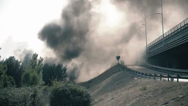 Humo de incendios forestales se propaga en la carretera — Vídeo de stock