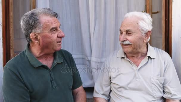 Portrait de vieux amis âgés parlant : sourires, bonheur, insouciance — Video