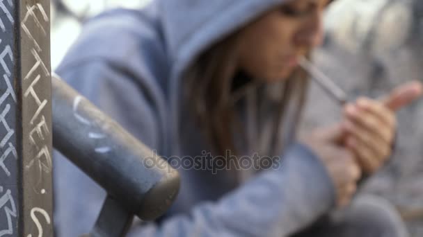 Blurred Drug Addicted Woman Lighting Joint — Stock Video