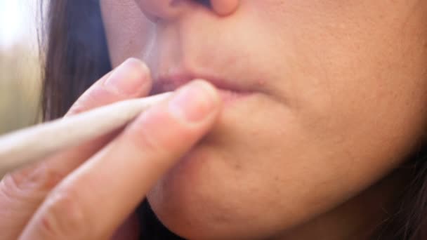 Γυναίκα Καπνίζει Ένα Τσιγαριλίκι Εσωτερικη — Αρχείο Βίντεο