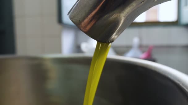 Olive Oil Mill Freshly Squeezed Oil Flowing — Stock Video