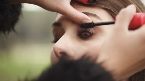 Make Künstlerin Trägt Mascara Auf Das Auge Der Jungen Frau — Stockvideo