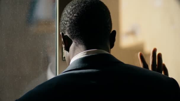 Sad Worried Black Business Man Window — Stock Video