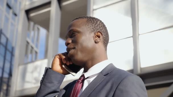 Relajado Negro Africano Hombre Negocios Hablando Por Teléfono Aire Libre — Vídeo de stock