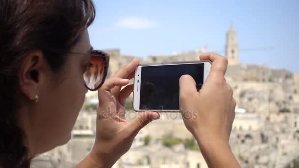 Pretty Woman Taking Photos Smartphone Matera Summertime — Stock Video