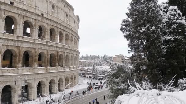 Suggestive View Colosseo Covered Snow February 2018 Rome Italy — Stock Video