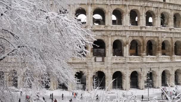 Panoramablick Auf Das Kolosseum Unter Schnee Februar 2018 Rom Italien — Stockvideo