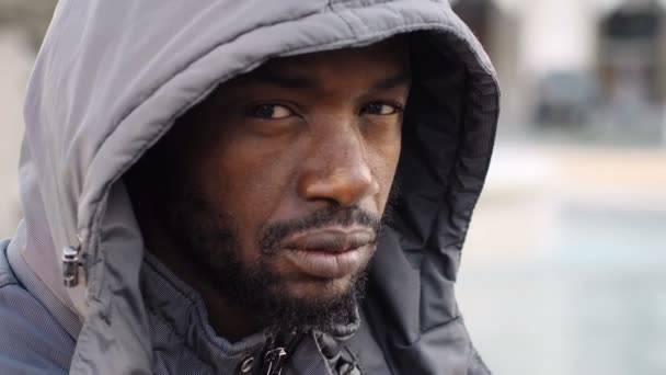 Sad Depressed Young Black Man Hood Looks Camera — Stock Video