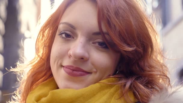 Beautiful Red Hair Young Woman Smile Outdoor — Stock Video