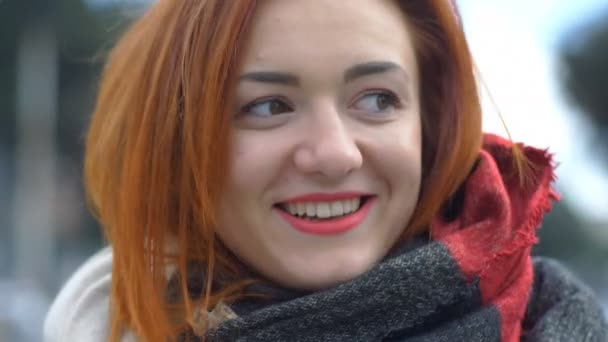 Red Haired Woman Blows Her Nose Outdoor — Stock Video