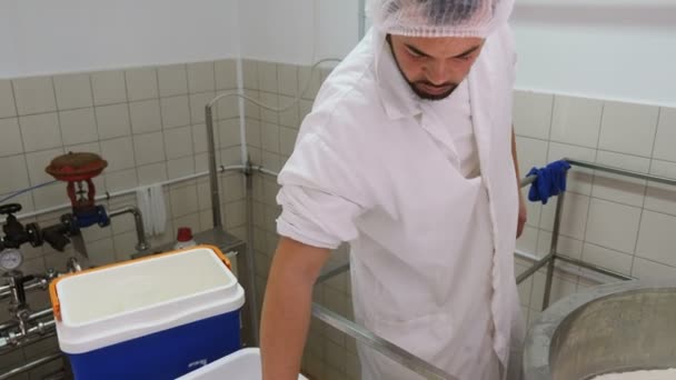 Diary Man Putting Cheese Molds Cheese Production — Stock Video