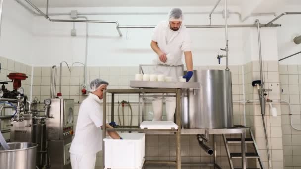 在日记奶酪厂工作的男人 制作乳清干酪 — 图库视频影像
