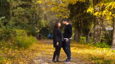 romantizm, aşk - genç çift parkta sonbaharda gezinme - ağır çekim