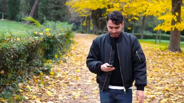 Beau Jeune Homme Souriant Tapant Sur Smartphone Marchant Dans Parc — Video