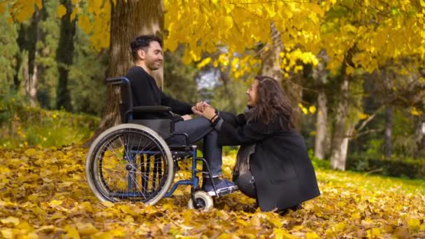 Engellilik Aşk Romantizm Parkta Tekerlekli Sandalyede Kız Arkadaşıyla Man — Stok video