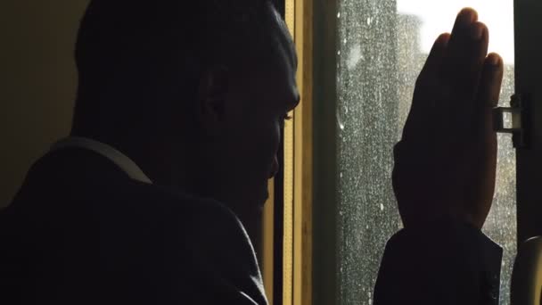 Sad Worried Black African Business Man Thinking Window Rainy Day — Stock Video