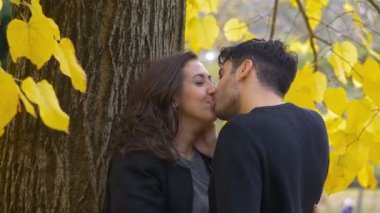 Bir sonbahar günü bir ağacın altında aşk romantik öpücük