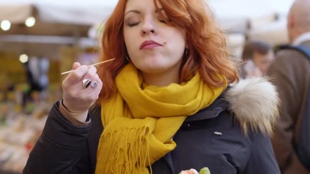 Happy Young Woman Eating Enjoying Fruit Rome Italy — Stock Video