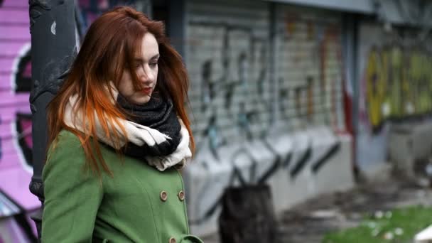 Pensive Lonely Young Woman Street Urban Background — Stock Video