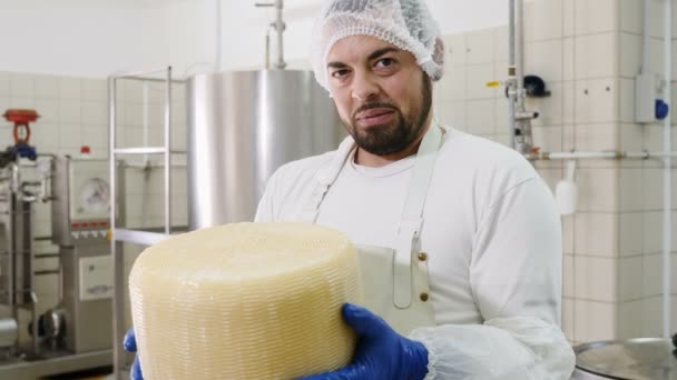 Fábrica Queijo Diário Fabricante Queijo Mostrando Forma Queijo — Vídeo de Stock