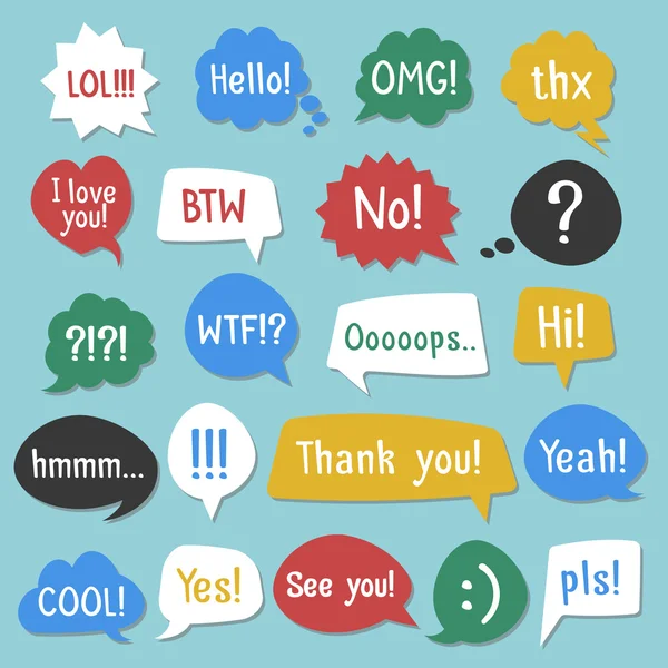 Stickers of speech bubbles color set with shadow. Acronyms and abbreviations. Vector Illustration — ストックベクタ