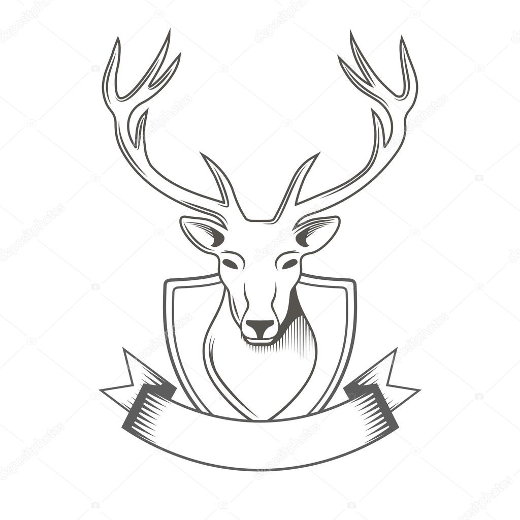 Deer with ribbon logo isolated on white background for hunter club, hunting. Vector Illustration