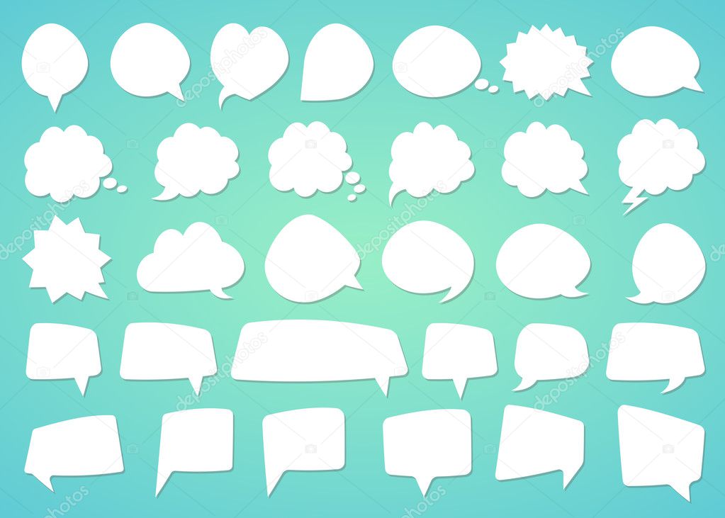 Stickers of speech bubbles with shadow set on color background. Vector Illustration