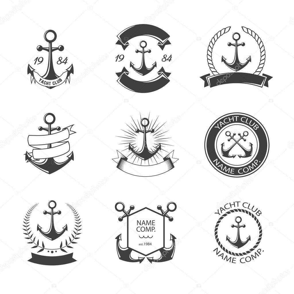 Anchor logo and yacht club set. Retro Vintage Logotypes or insignias set. Vector design elements, business signs, logos, identity, labels, badges, apparel, ribbons, stickers and other branding objects