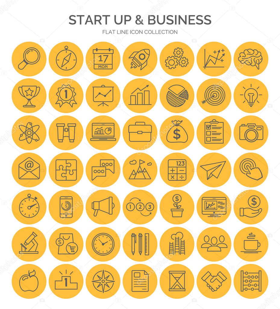 Set of start up and business thin lines web icon flat style.