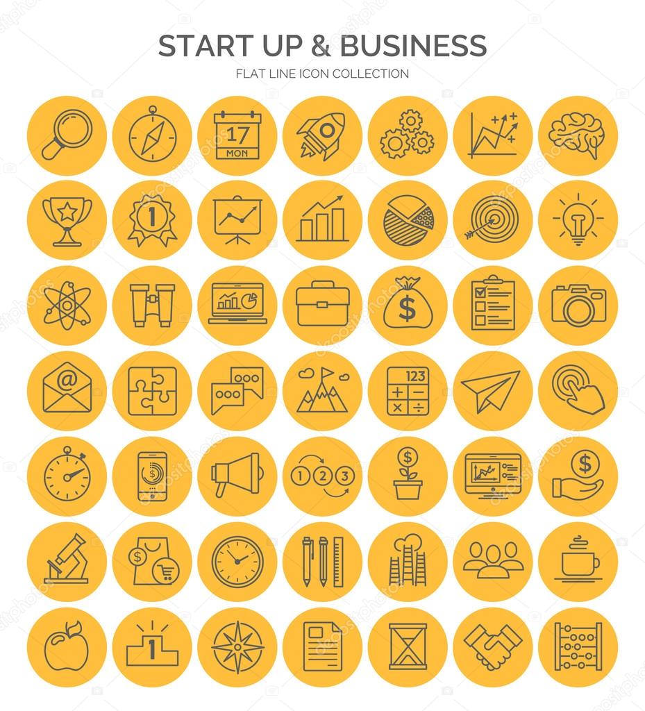 Set of start up and business thin lines web icon flat style. Vector design elements, business signs, logos, identity, labels and other branding objects for your business. Vector Illustration