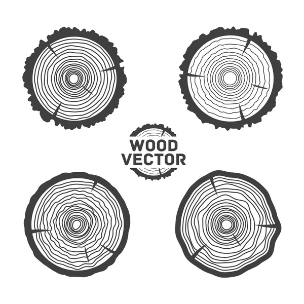 Conjunto de cuatro anillos de árbol vectorial negro aislado fondo y sierra tronco de árbol cortado — Vector de stock