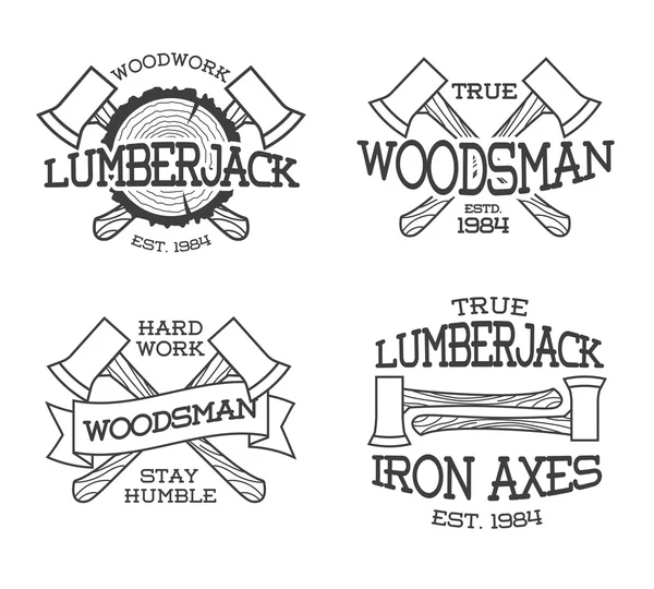 Set of lumberjack and woodsman labels. Posters, stamps, banners and design elements. Isolated on white background. Wood work and manufacture label templates. — Stockový vektor