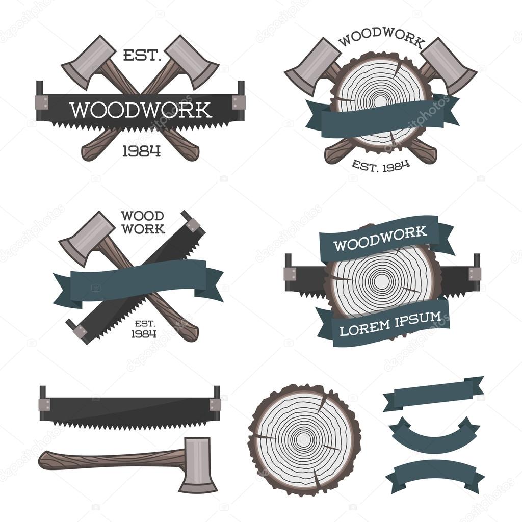 Set of woodwork label with saw, ax and tree ring. Posters, stamps, banners and design elements. Vector illustration. Wood work and manufacture label templates. Flat style