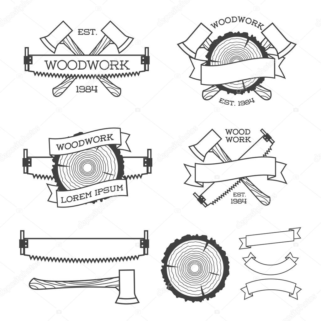 Woodwork label set with saw, ax and tree ring. Posters, stamps, banners and design elements. Isolated on white background.