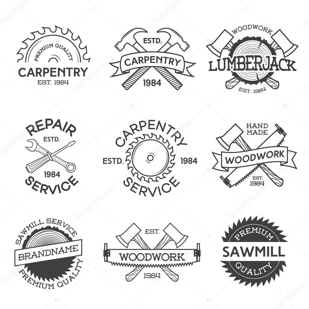 Set of carpentry, repair, lumberjack, sawmill and woodwork labels isolated on white background. Stamps, banners and design elements. Wood work and manufacture label templates. Vector illustration