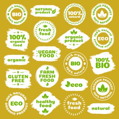 Natural product, healthy food, fresh food, organic product, vegan food, farm fresh food, gluten free, bio and eco label template watercolor shapes isolated on brown background. Vector Illustration clipart