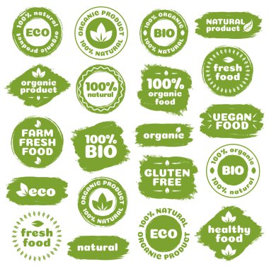 Natural product, healthy food, fresh food, organic product, vegan food, farm fresh food, gluten free, bio and eco label template watercolor shapes isolated on white background. Vector Illustration clipart