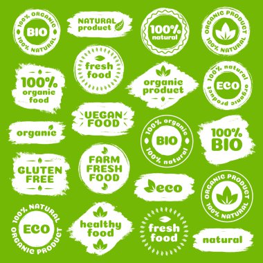 Doğal ürün, sağlıklı gıda, taze gıda, organik ürün, vegan gıda, çiftlik taze gıda, ücretsiz gluten, yeşil arka plan üzerinde izole biyo ve eko şablon suluboya şekilleri etiketle. Vektör çizim