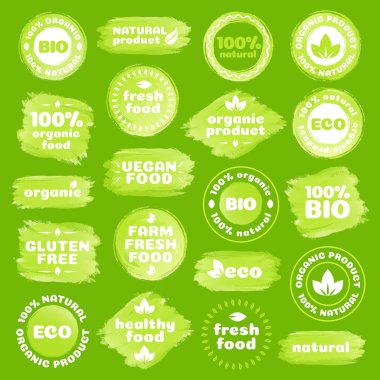 Doğal ürün, sağlıklı gıda, taze gıda, organik ürün, vegan gıda, çiftlik taze gıda, ücretsiz gluten, yeşil arka plan üzerinde izole biyo ve eko şablon suluboya şekilleri etiketle. Vektör çizim