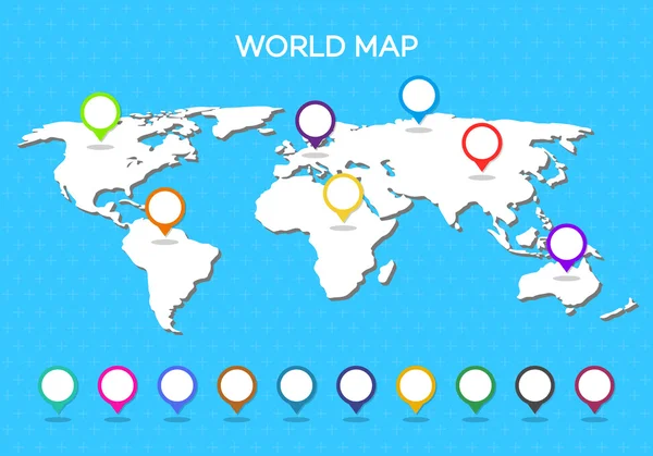 Mapa světa s ukazatelem izolované na modrém pozadí. Vektorové ilustrace — Stockový vektor