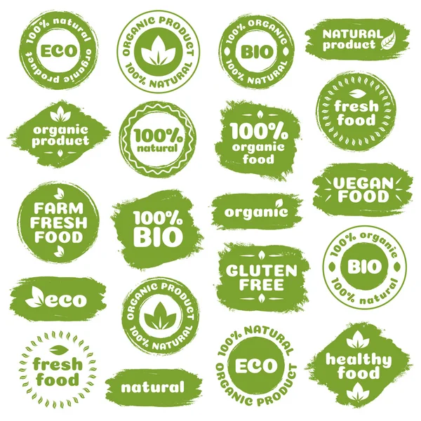 Doğal ürün, sağlıklı gıda, taze gıda, organik ürün, vegan gıda, çiftlik taze gıda, ücretsiz gluten, beyaz arka plan üzerinde izole biyo ve eko şablon suluboya şekilleri etiketle. Vektör çizim
