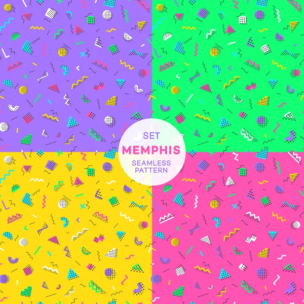Satz von Memphis nahtlose Muster mit unterschiedlichem Hintergrund. Vektorillusion — Stockvektor