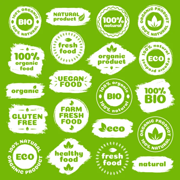 Doğal ürün, sağlıklı gıda, taze gıda, organik ürün, vegan gıda, çiftlik taze gıda, ücretsiz gluten, yeşil arka plan üzerinde izole biyo ve eko şablon suluboya şekilleri etiketle. Vektör çizim