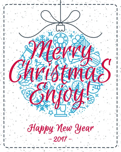Christmas greeting card with christmas ball such as christmas line icons and sign Merry Christmas and Happy New Year on winter holiday background. Vector Illustration — Stock Vector