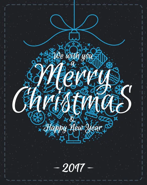 Christmas greeting card with christmas ball such as christmas line icons and sign We wish you a Merry Christmas and Happy New Year on winter holiday background. Vector Illustration — Stock vektor