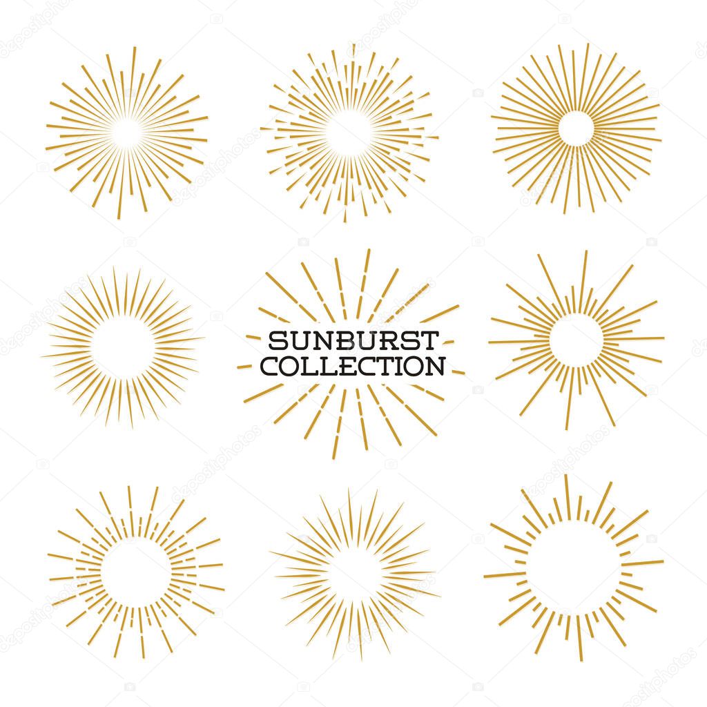 Set of sunburst design elements gold color isolated on background. Vintage style elements for graphic and website design. Vector light rays elements. Vector Illustration