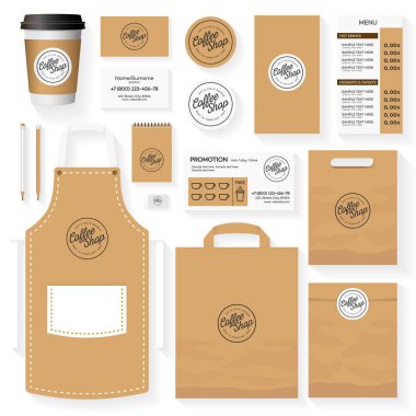 Kahve Dükkanı kurumsal kimlik tasarım şablonu ile kahve dükkanı logo ayarlayın. Restoran Cafe ayarla kartı, el ilanı, menü, paket, tek tip tasarım kümesi. Hisse senedi vektör