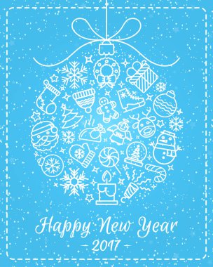 Noel tebrik kartı Noel çizgi simgeler ve dilek oluşan Noel topu ile mutlu bir yeni yıl kar tatil arka plan üzerinde var. Mutlu Noeller. Noel dekorasyon öğesi