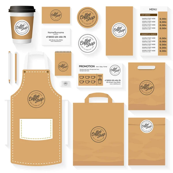 Caffetteria modello di identità aziendale set di design con logo della caffetteria. Set bar ristorante carta, volantino, menu, pacchetto, set di design uniforme. Vettore di stock — Vettoriale Stock