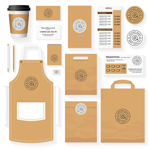 Coffee Shop Corporate Identity Design-Set mit Café-Logo und Kaffeebohne. Restaurant Café Set-Karte, Flyer, Speisekarte, Paket, einheitliche Design-Set. Aktienvektor — Stockvektor